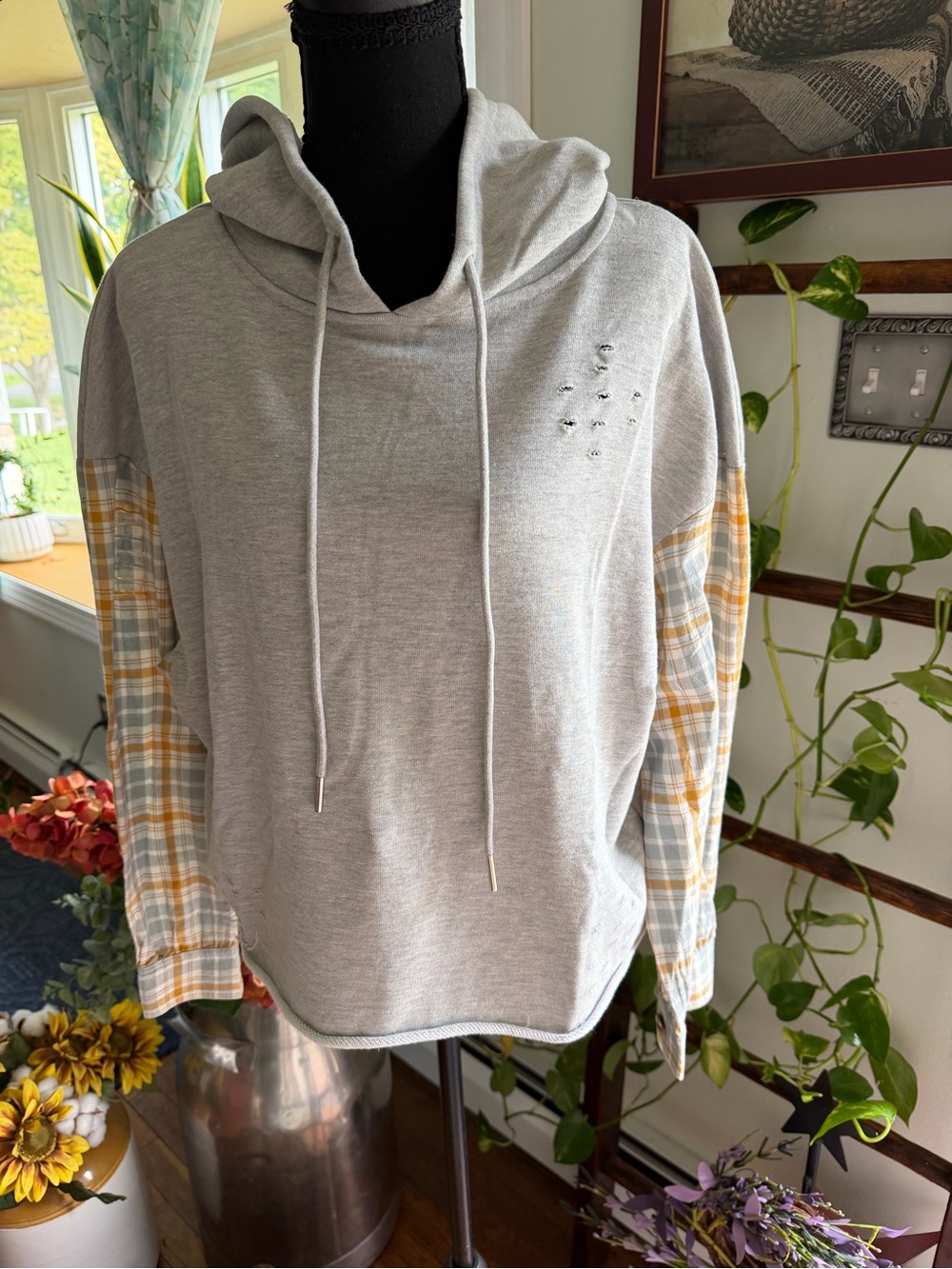 Dance & Marvel Light Gray Crewneck Sweater with Yellow Plaid Sleeves